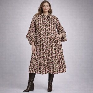 Boohoo Plus Size Floral Print Tiered Midi Dress Ruffle Sleeve UK 28‎